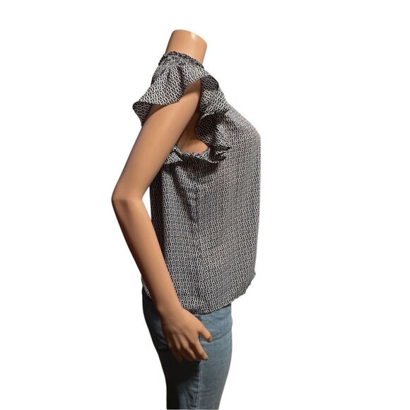 Alex & Lili high-neck ruffled blouse with a black and white geometric pattern. M - Picture 3 of 7